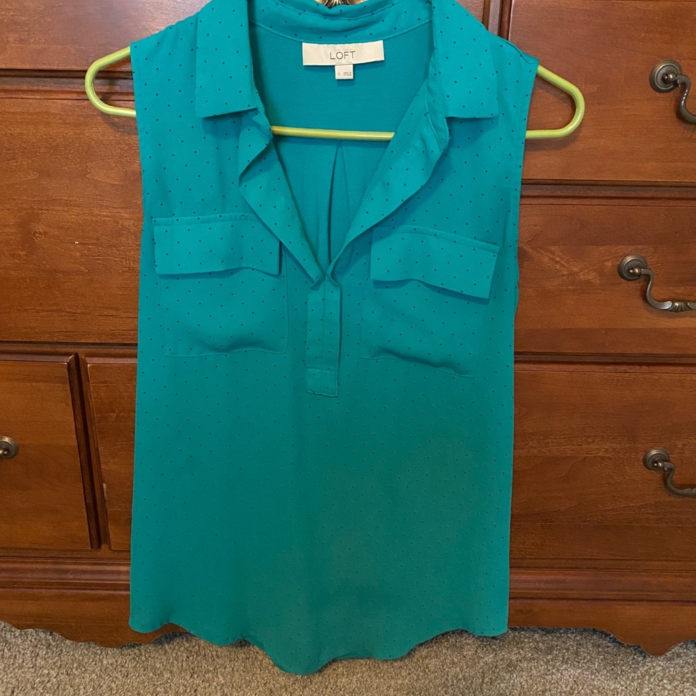 Teal blouse tank with small black polka dots